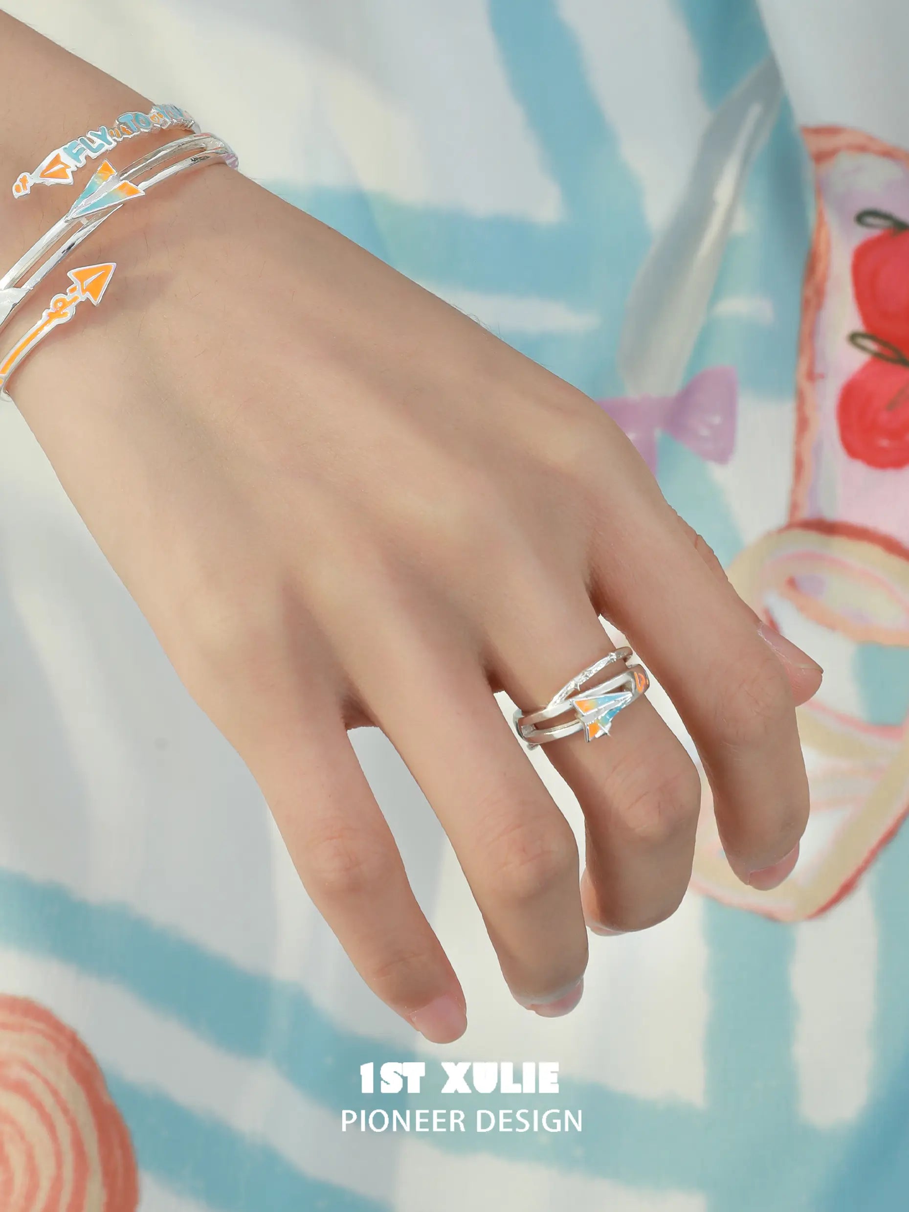 1ST XULIE Jewelry "Juicy Flight" Orange Sea Paper Plane Statement Open Ring in 925 Sterling Silver - Detail Shot