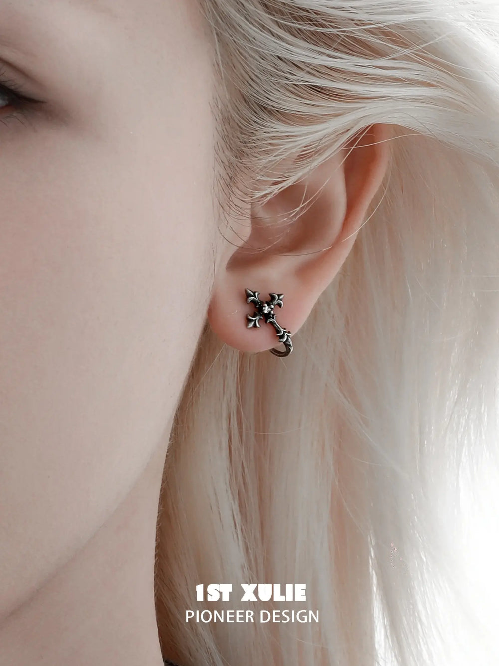 1ST XULIE Jewelry "Irises" Oxidized Cross Stud Earrings in 925 Sterling Silver - Lifestyle Shot