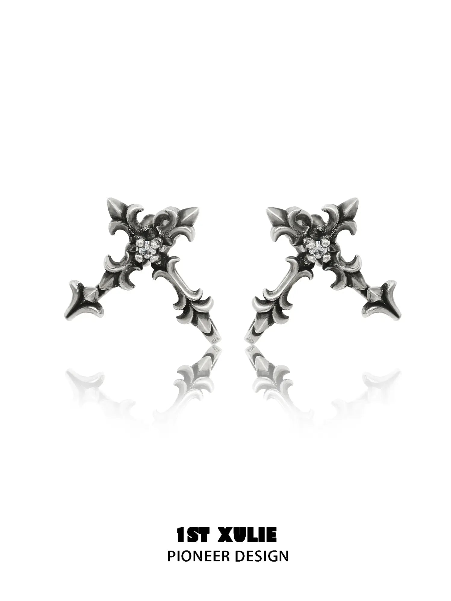 1ST XULIE Jewelry "Irises" Oxidized Cross Stud Earrings in 925 Sterling Silver - Packaging View