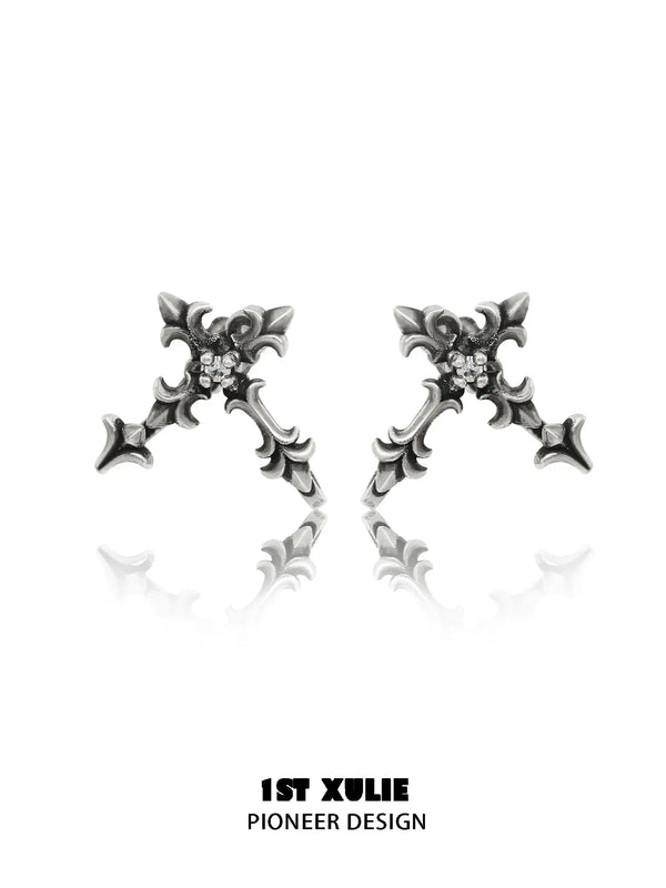 "Irises" 925 Sterling Silver Oxidized Cross Stud Earrings, Vintage Style