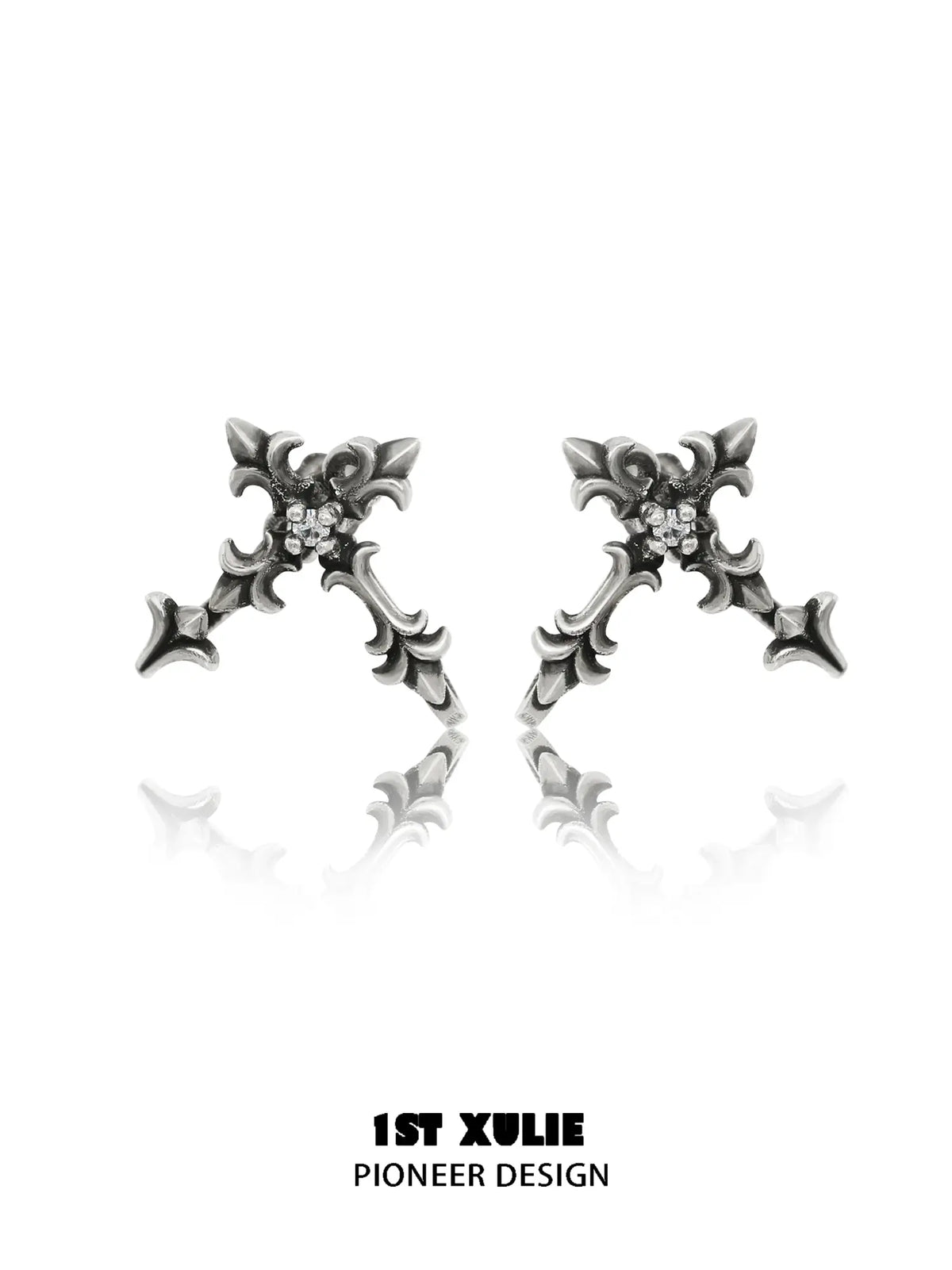 1ST XULIE Jewelry "Irises" Oxidized Cross Stud Earrings in 925 Sterling Silver - Packaging View