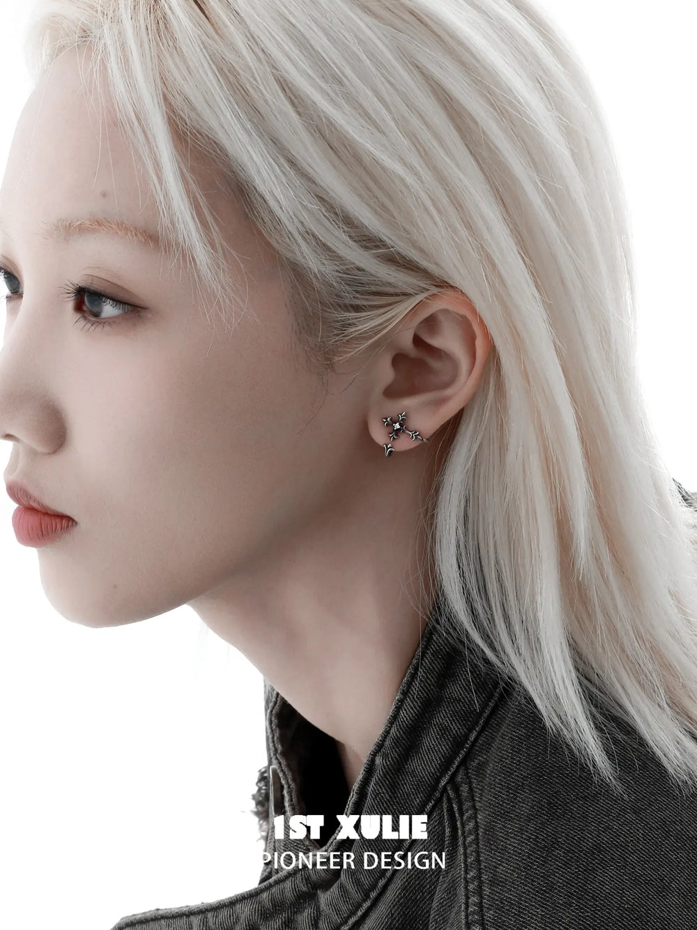 1ST XULIE Jewelry "Irises" Oxidized Cross Stud Earrings in 925 Sterling Silver - Side View