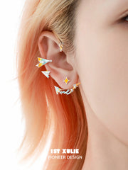 1ST XULIE Jewelry "Juicy Flight" Asymmetrical Paper Airplane No-Piercing Ear Wraps in Platinum Plated - On Model Close Up