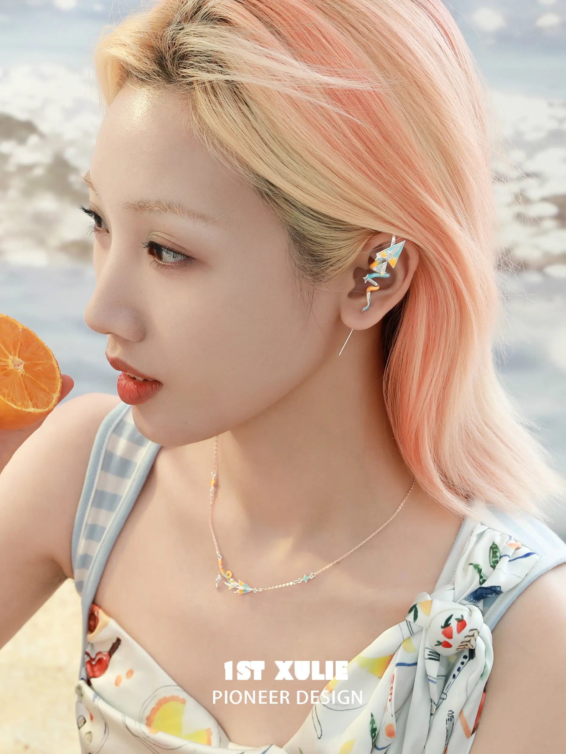 1ST XULIE "Juicy Flight" Paper Airplane Needle Piercing Ear Climbers in Platinum Plated - Lifestyle Shot