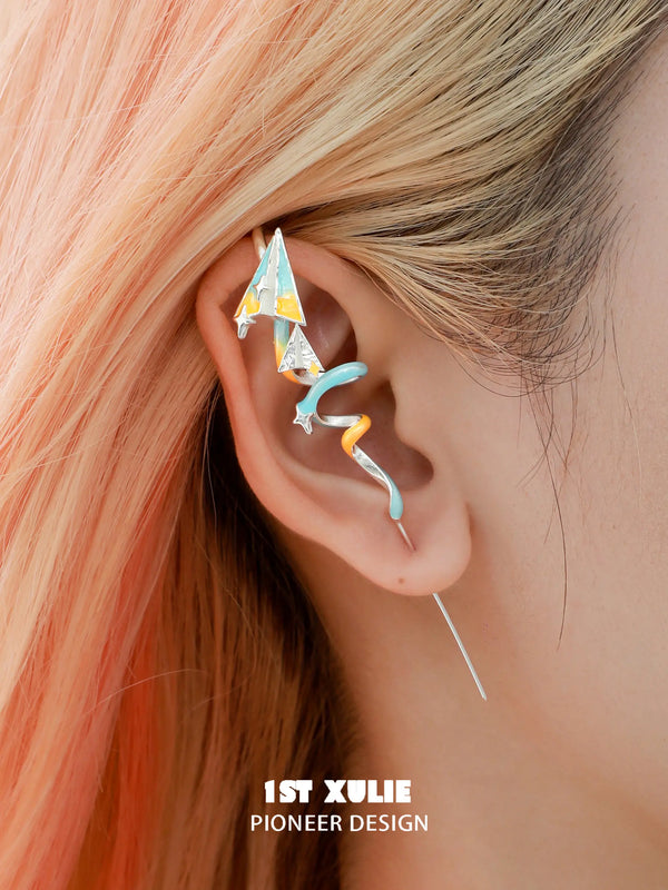 "Juicy Flight" Platinum Plated Paper Airplane  Needle Piercing Earring Ear Climber, Statement Festival Jewelry