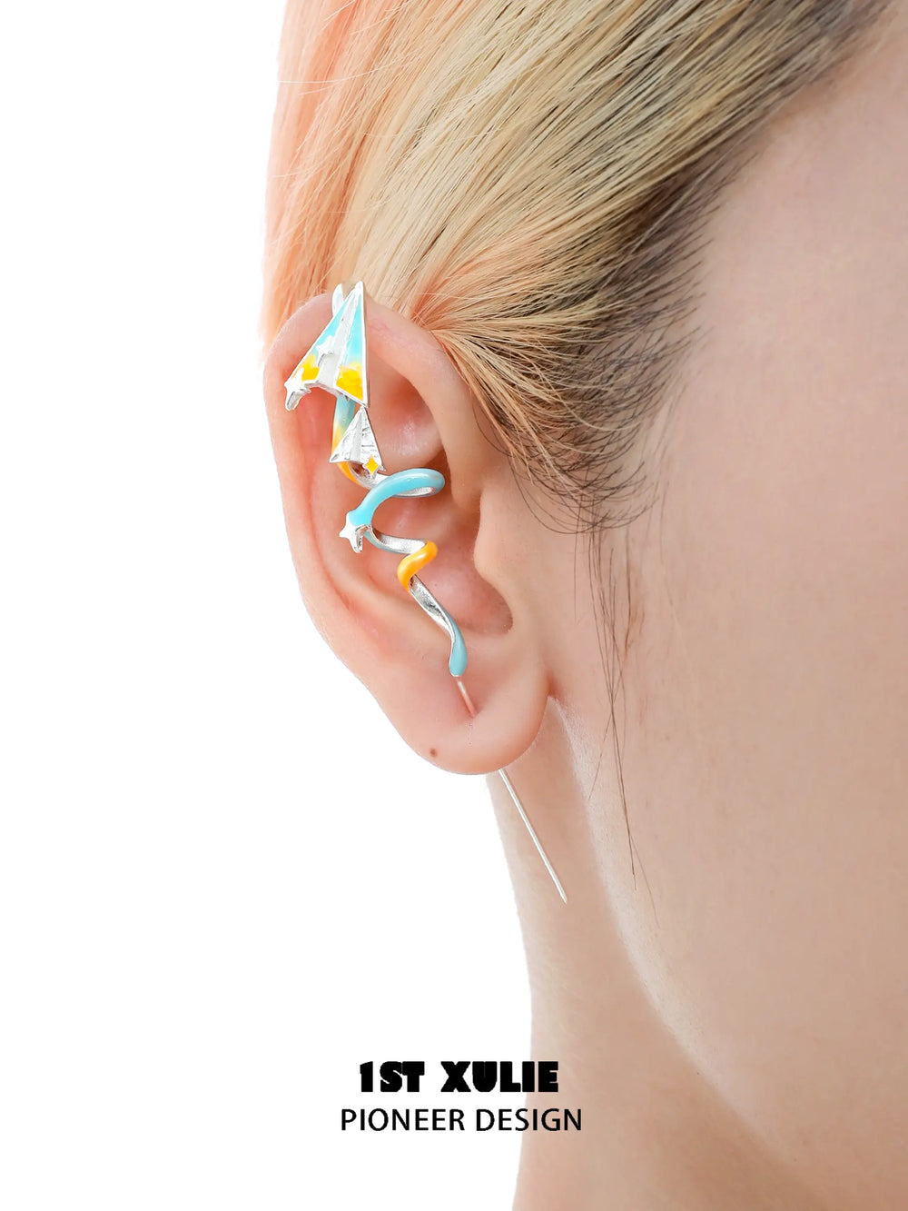 1ST XULIE "Juicy Flight" Paper Airplane Needle Piercing Ear Climbers in Platinum Plated - Side View