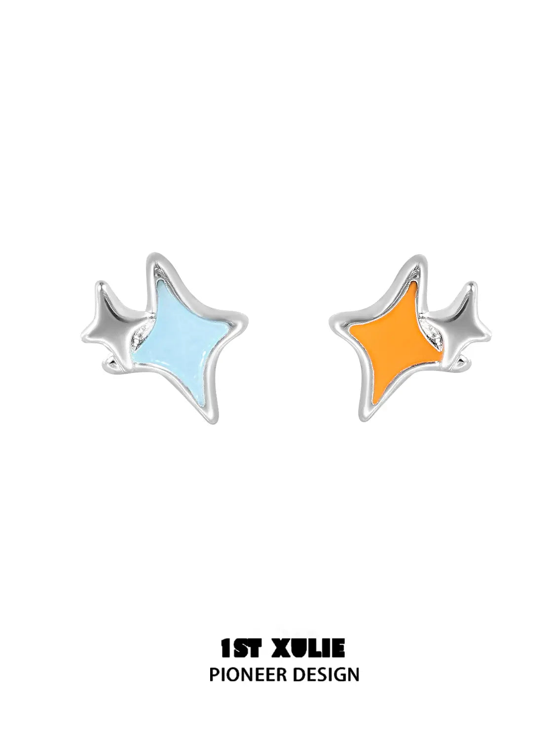 1ST XULIE "Juicy Flight" Asymmetrical Paper Plane & Star Mismatched Studs in 925 Sterling Silver - On Model