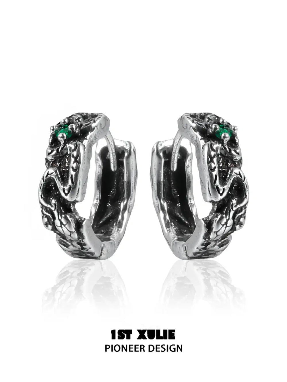 1ST XULIE "Snake Bite" Pave Serpent Huggie Hoop Earrings in Platinum Plated Brass - Detail Shot