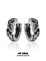 1ST XULIE "Snake Bite" Pave Serpent Huggie Hoop Earrings in Platinum Plated Brass - Detail Shot