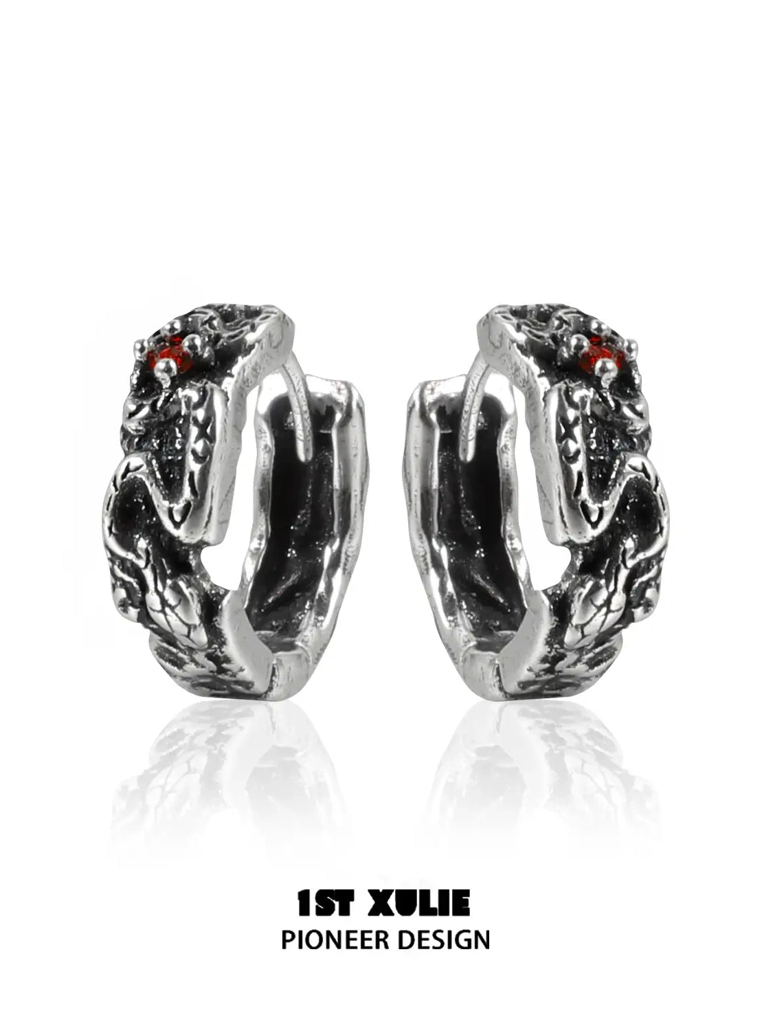 1ST XULIE "Snake Bite" Pave Serpent Huggie Hoop Earrings in Platinum Plated Brass - On Model