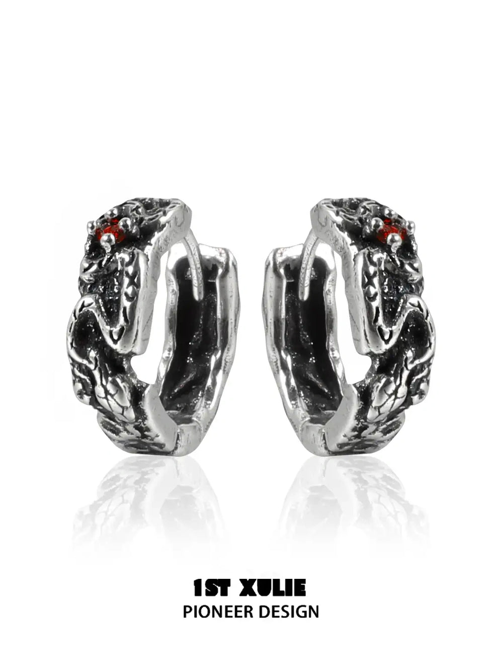 1ST XULIE "Snake Bite" Pave Serpent Huggie Hoop Earrings in Platinum Plated Brass - On Model