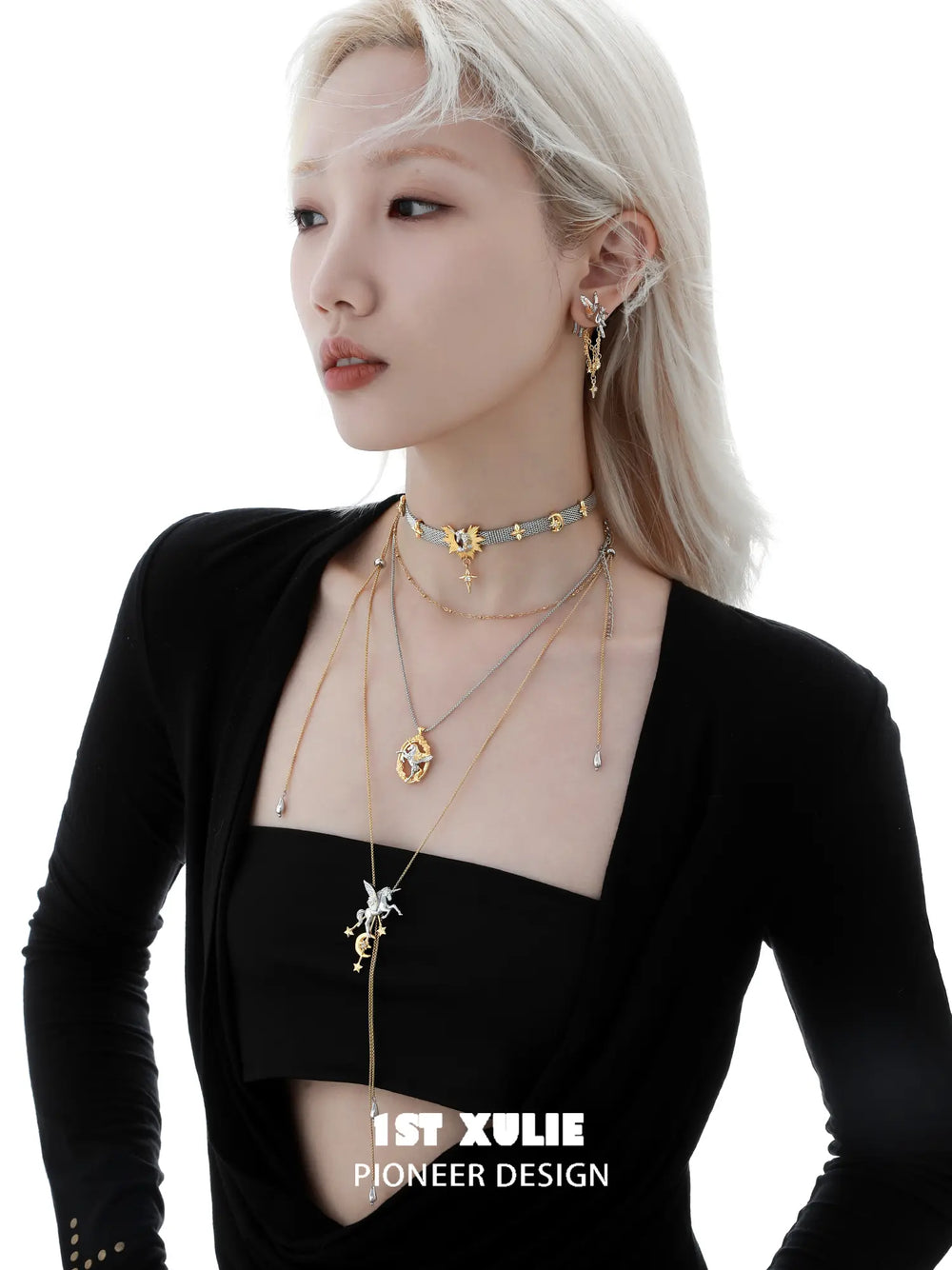 1ST XULIE "DREAM HORSE" Pegasus Tassel Stud Earrings in 18K Gold Plated Brass - On Model