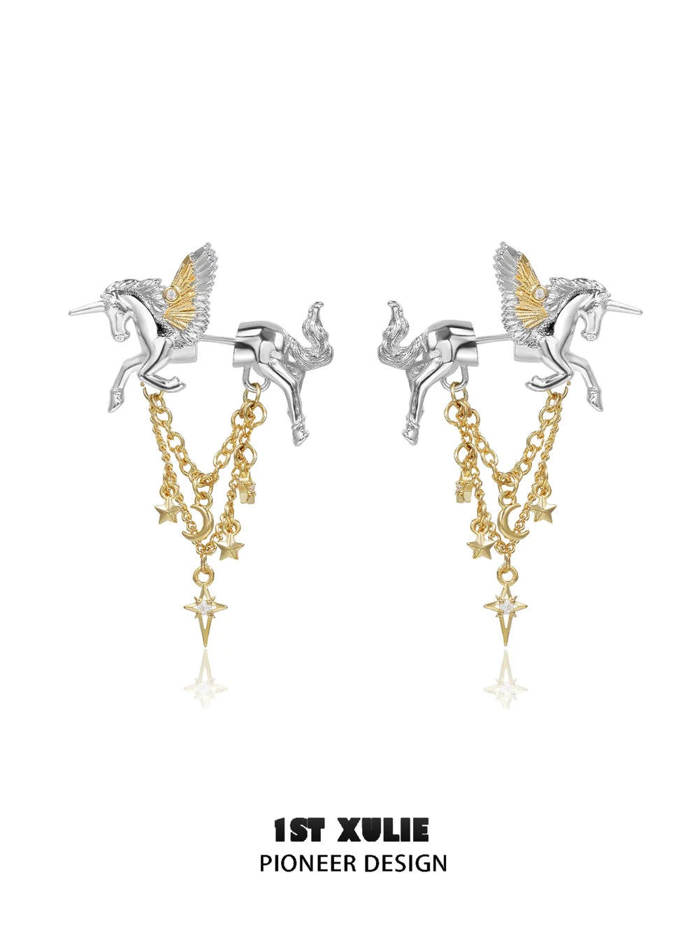 1ST XULIE "DREAM HORSE" Pegasus Tassel Stud Earrings in 18K Gold Plated Brass - Side View