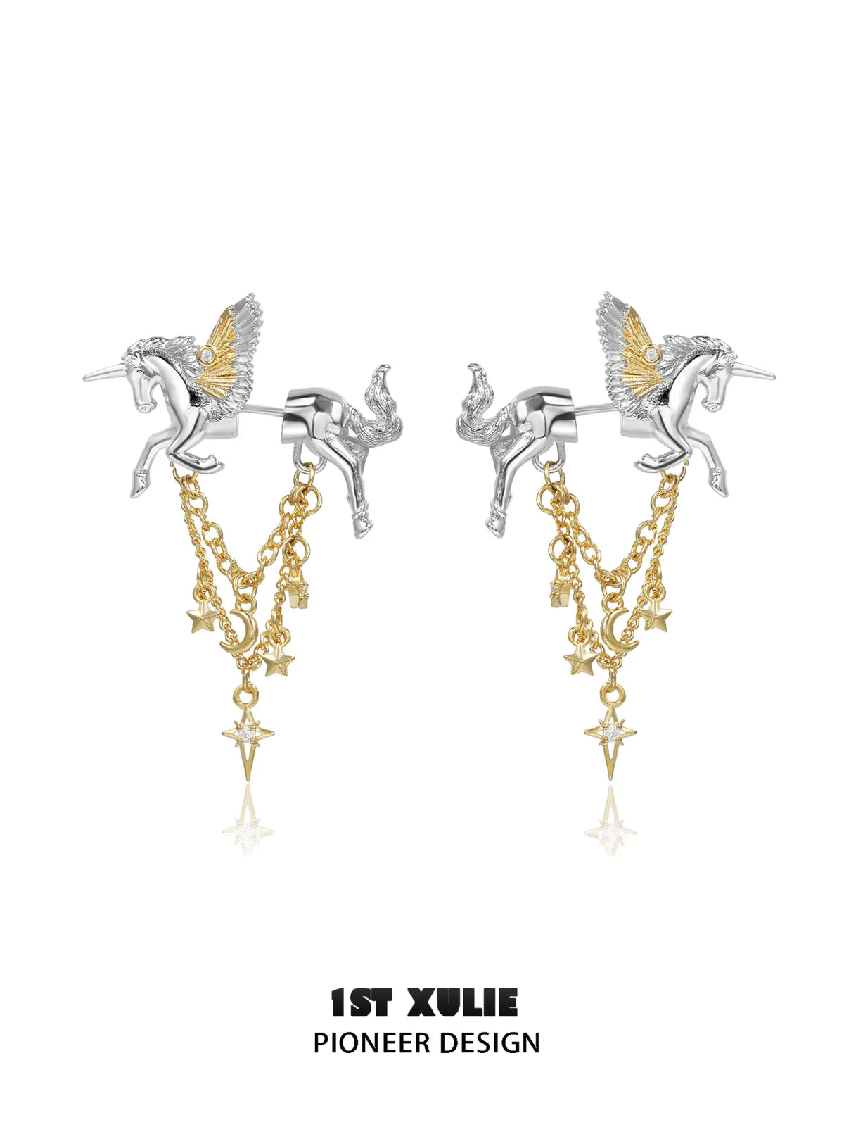 1ST XULIE "DREAM HORSE" Pegasus Tassel Stud Earrings in 18K Gold Plated Brass - Side View