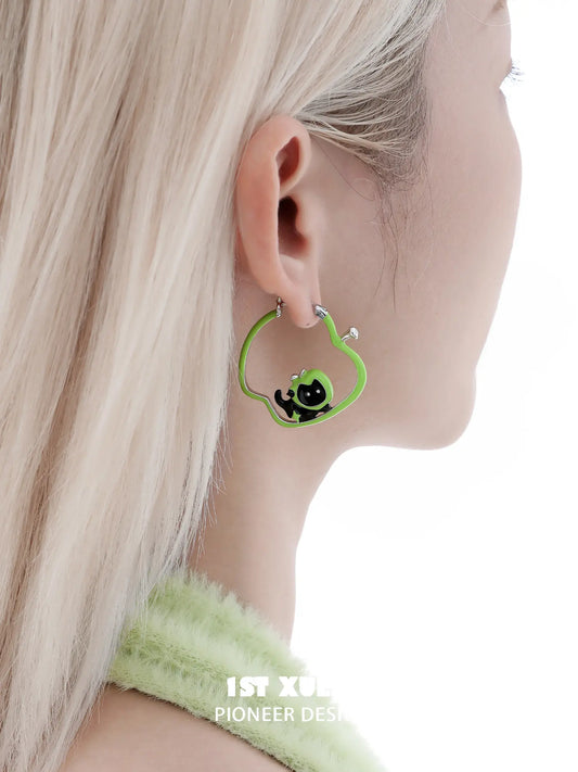 1ST XULIE "Cuties' Appleland" Playful Apple Cat & Dog Huggie Hoop Earrings in Platinum Plated - Angle View 1