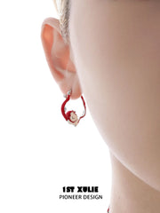 1ST XULIE "Cuties' Appleland" Playful Apple Cat & Dog Huggie Hoop Earrings in Platinum Plated - Back View