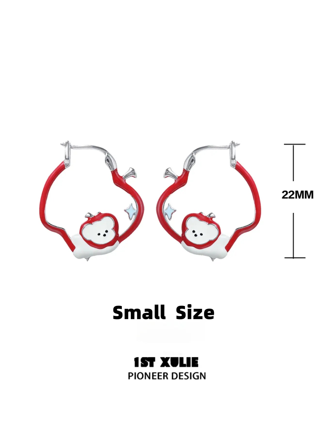 1ST XULIE "Cuties' Appleland" Playful Apple Cat & Dog Huggie Hoop Earrings in Platinum Plated - Detail Shot