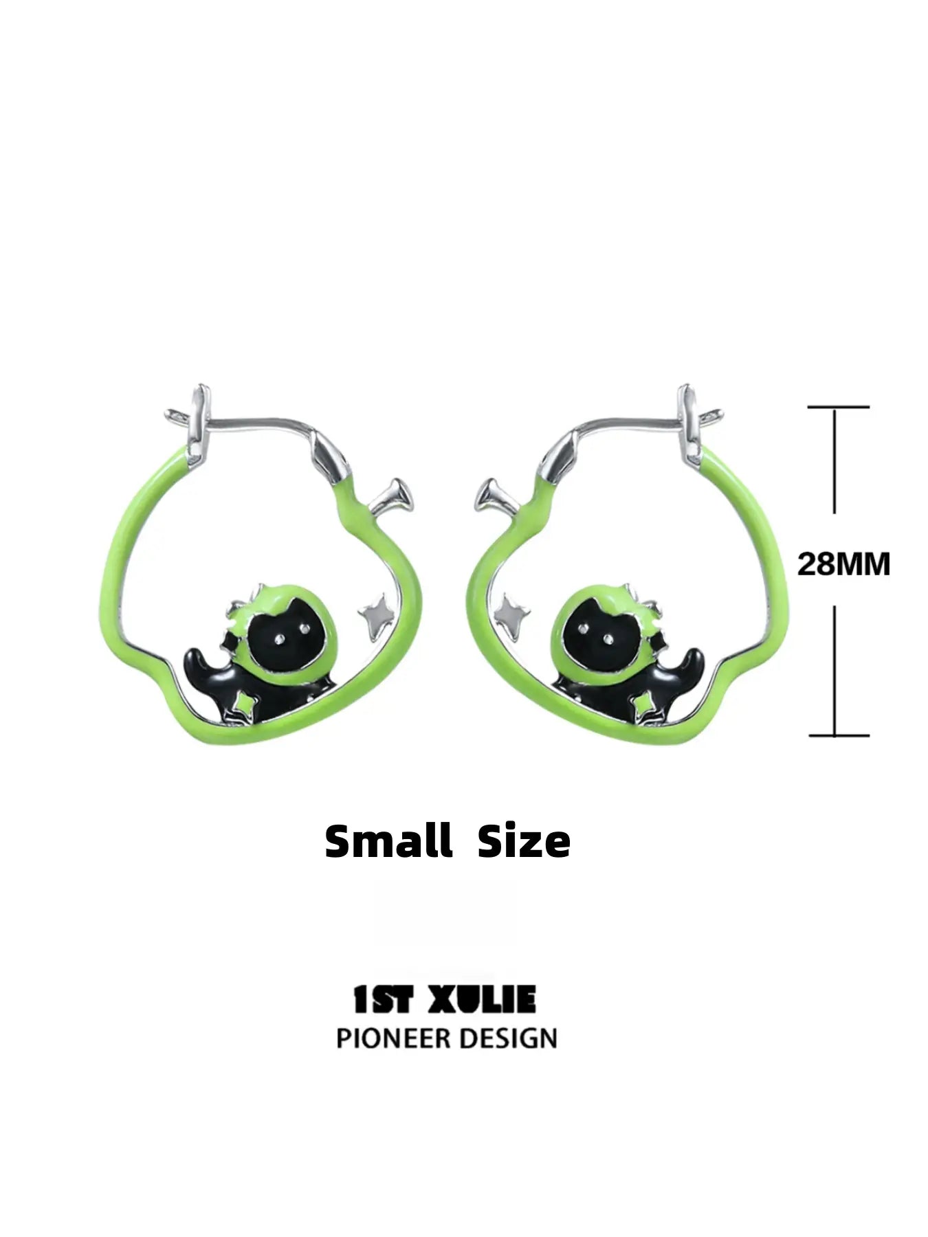 1ST XULIE "Cuties' Appleland" Playful Apple Cat & Dog Huggie Hoop Earrings in Platinum Plated - Product View