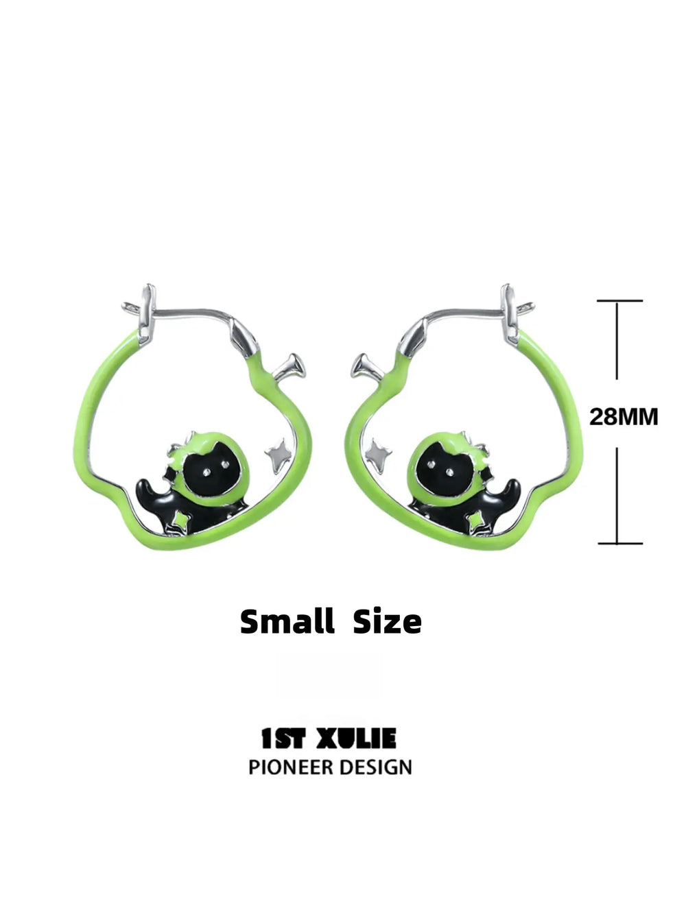 1ST XULIE "Cuties' Appleland" Playful Apple Cat & Dog Huggie Hoop Earrings in Platinum Plated - Product View