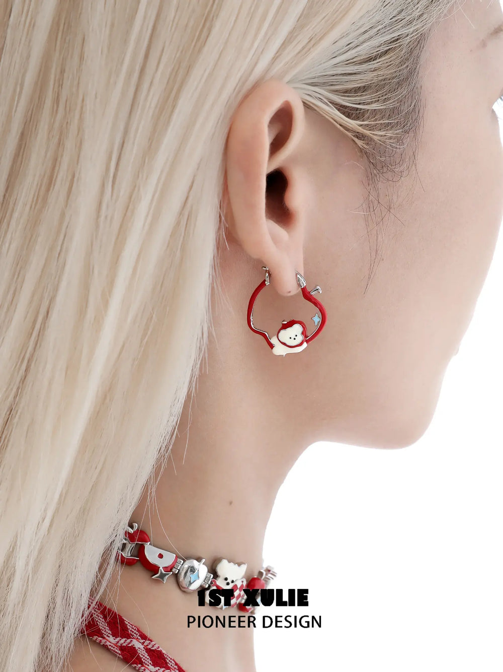 "Cuties' Appleland" Platinum Plated Playful Apple Cat & Dog Charm Huggie Hoop Earrings - Image 14