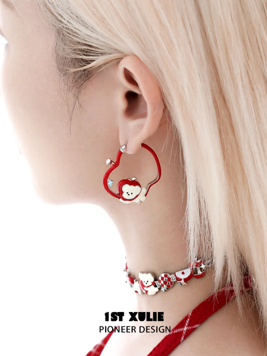 "Cuties' Appleland" Platinum Plated Playful Apple Cat & Dog Charm Huggie Hoop Earrings - Image 11