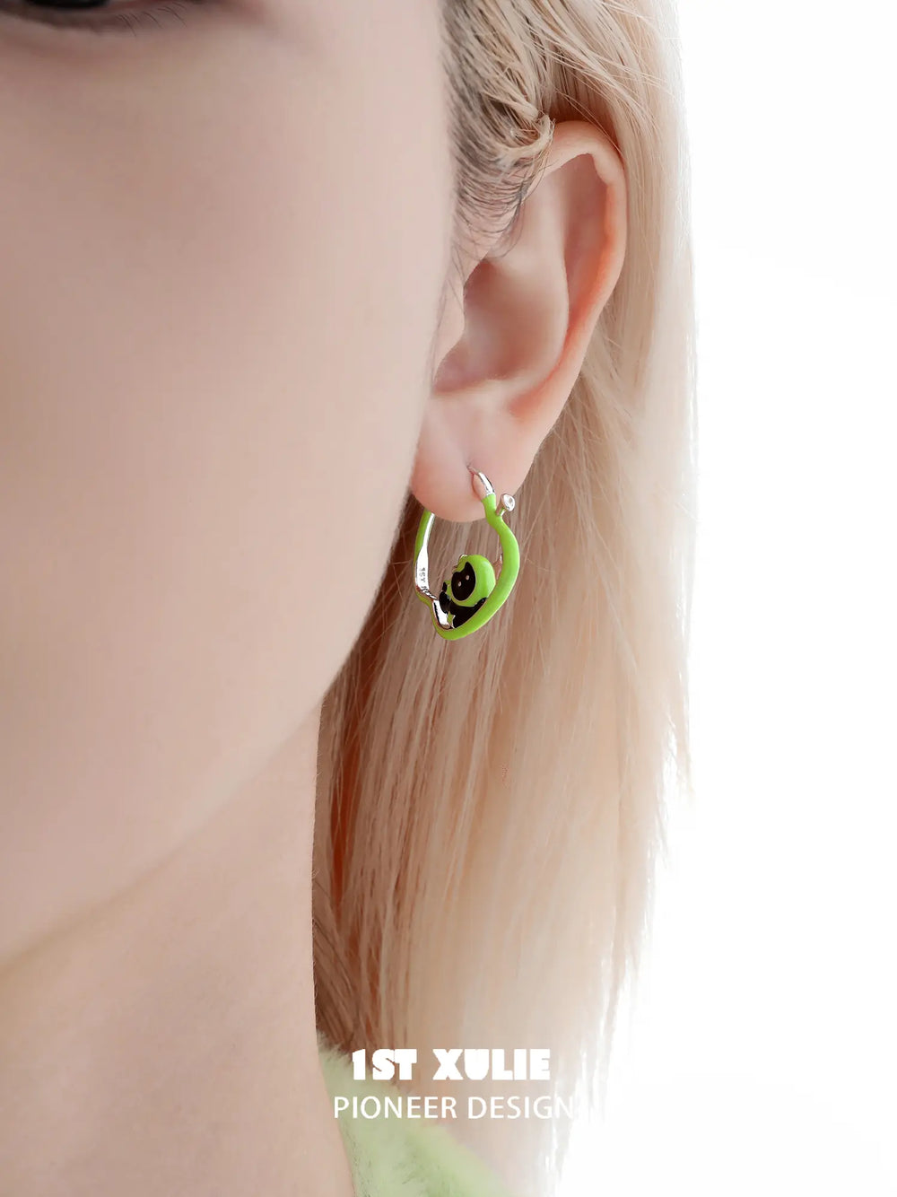 1ST XULIE "Cuties' Appleland" Playful Apple Cat & Dog Huggie Hoop Earrings in Platinum Plated - On Model Close-up