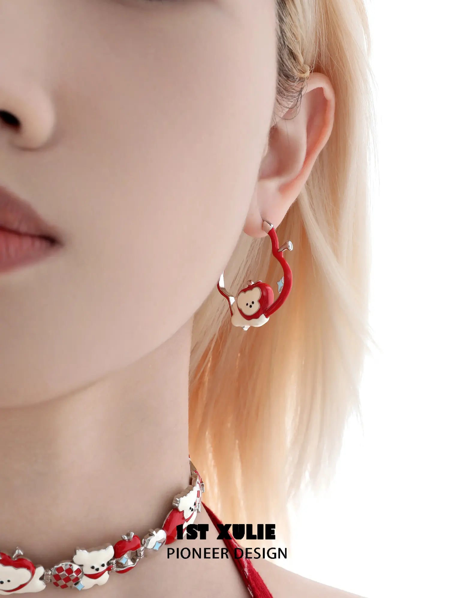 1ST XULIE "Cuties' Appleland" Playful Apple Cat & Dog Huggie Hoop Earrings in Platinum Plated - Side View