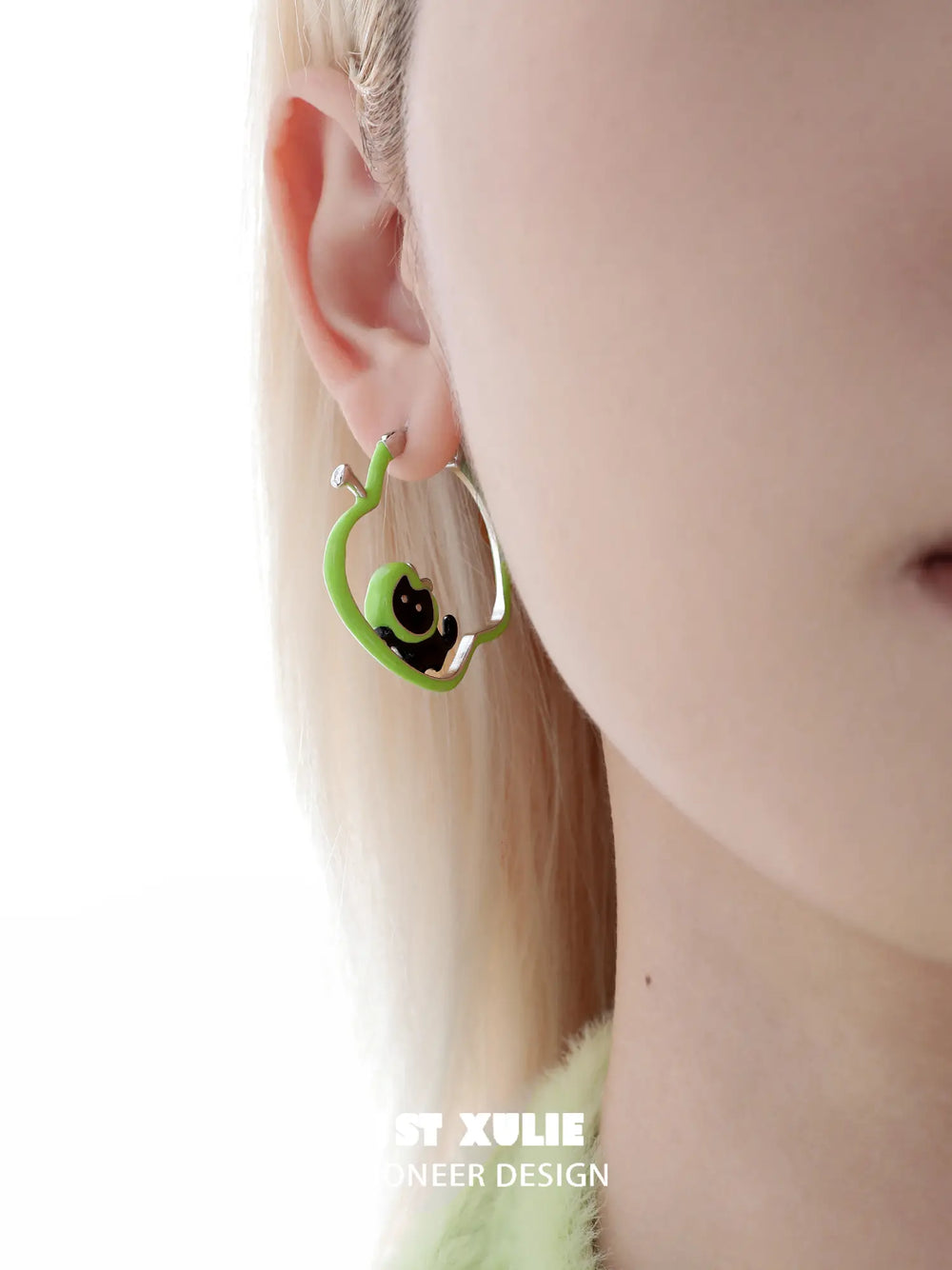 1ST XULIE "Cuties' Appleland" Playful Apple Cat & Dog Huggie Hoop Earrings in Platinum Plated - Size Comparison