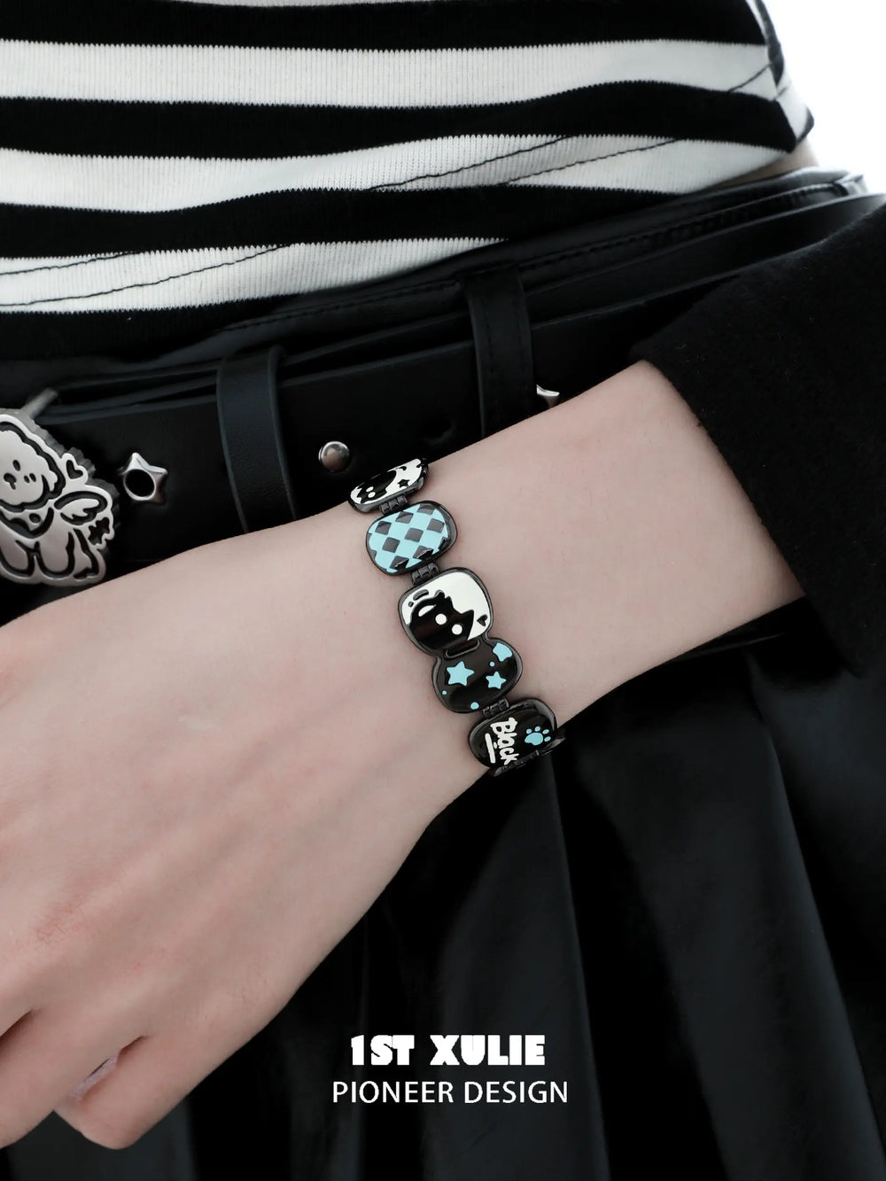 1ST XULIE "Ghosts Black Cat" Playful Black Cat Bangle in Platinum Plated - Angle View