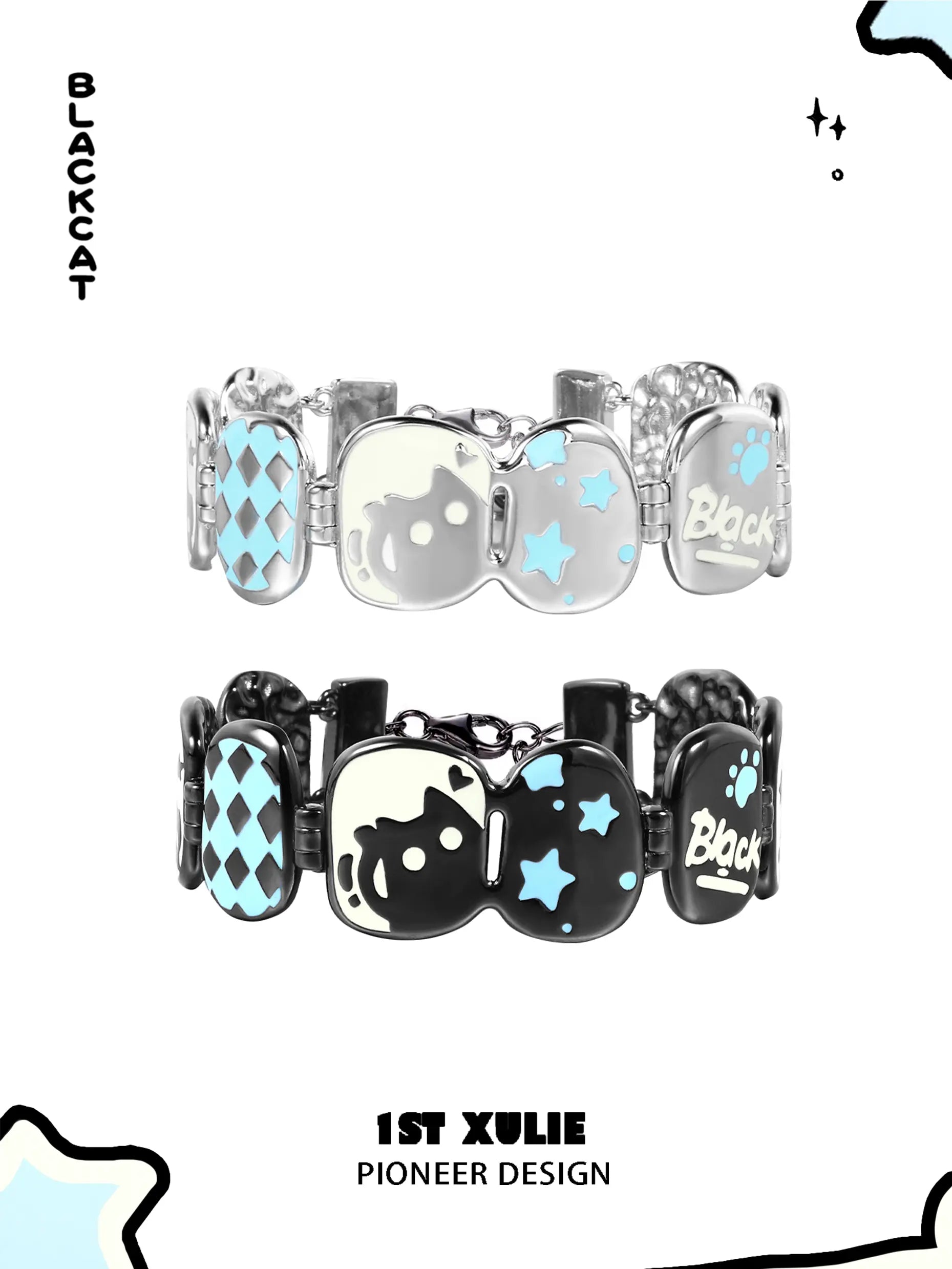 1ST XULIE "Ghosts Black Cat" Playful Black Cat Bangle in Platinum Plated - Detail Shot