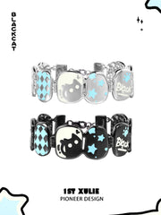 1ST XULIE "Ghosts Black Cat" Playful Black Cat Bangle in Platinum Plated - Detail Shot