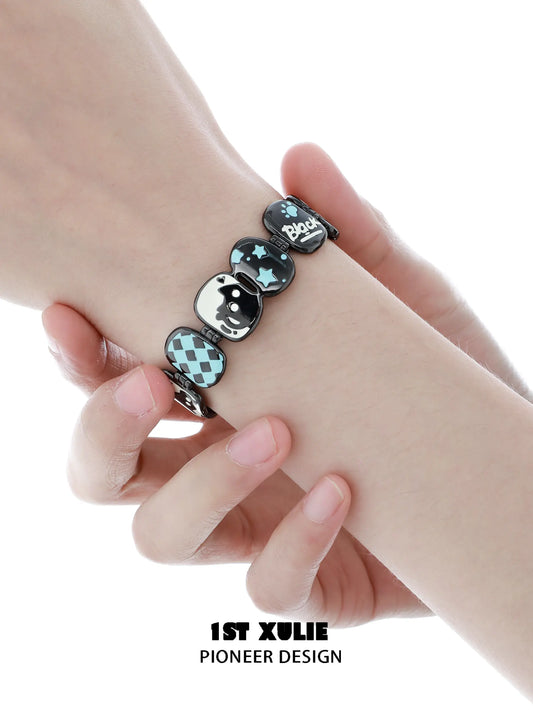 1ST XULIE "Ghosts Black Cat" Playful Black Cat Bangle in Platinum Plated - Product View