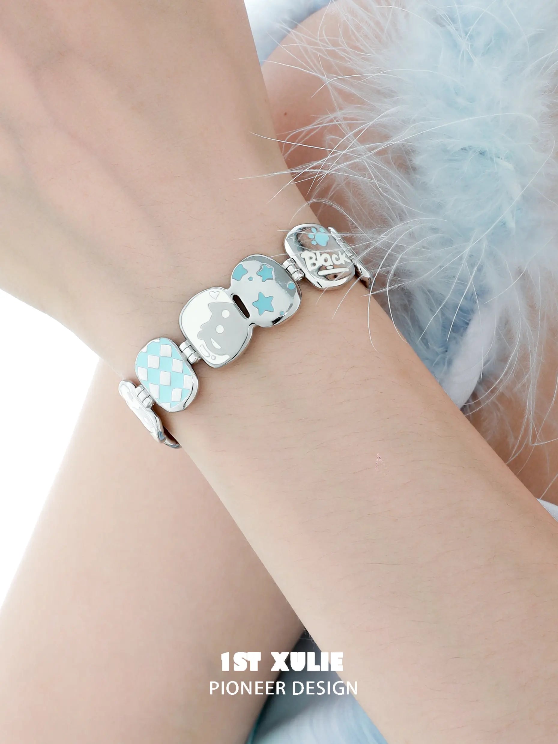 1ST XULIE "Ghosts Black Cat" Playful Black Cat Bangle in Platinum Plated - On Model