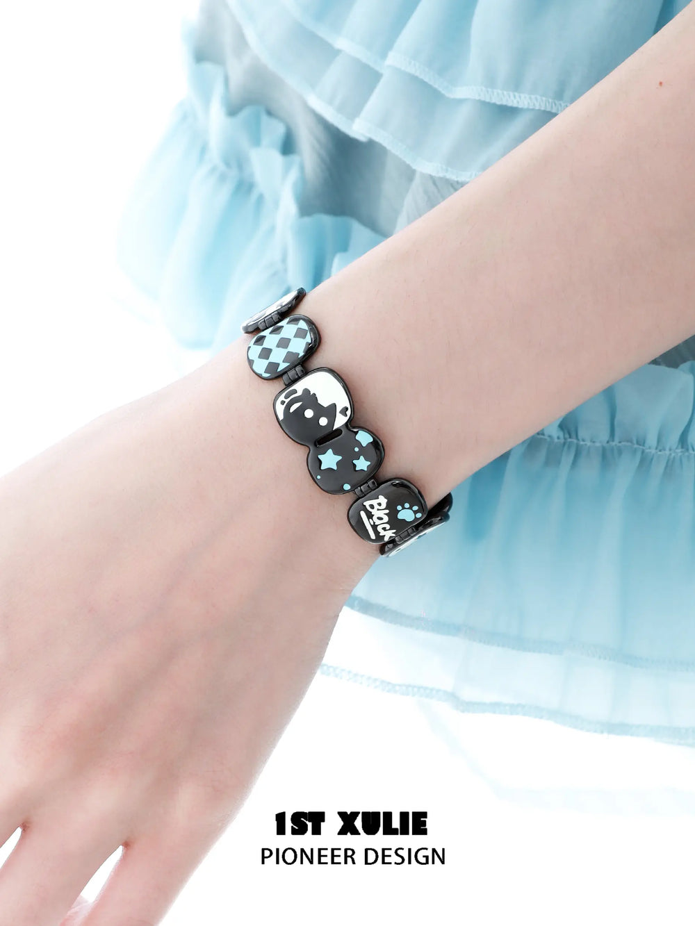 1ST XULIE "Ghosts Black Cat" Playful Black Cat Bangle in Platinum Plated - On Model Close-Up