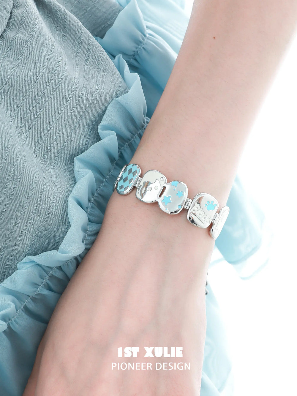 1ST XULIE "Ghosts Black Cat" Playful Black Cat Bangle in Platinum Plated - Packaging View