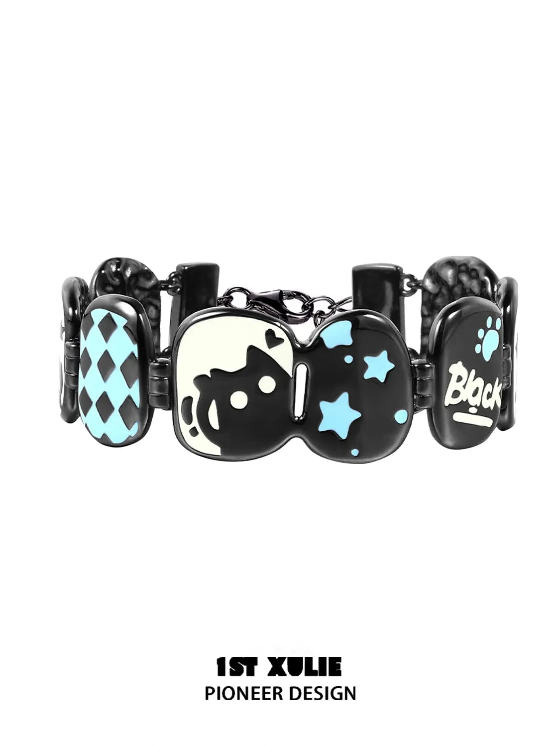 1ST XULIE "Ghosts Black Cat" Playful Black Cat Bangle in Platinum Plated - Side View
