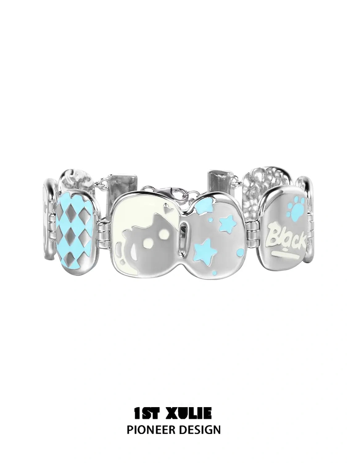 1ST XULIE "Ghosts Black Cat" Playful Black Cat Bangle in Platinum Plated - Texture Detail