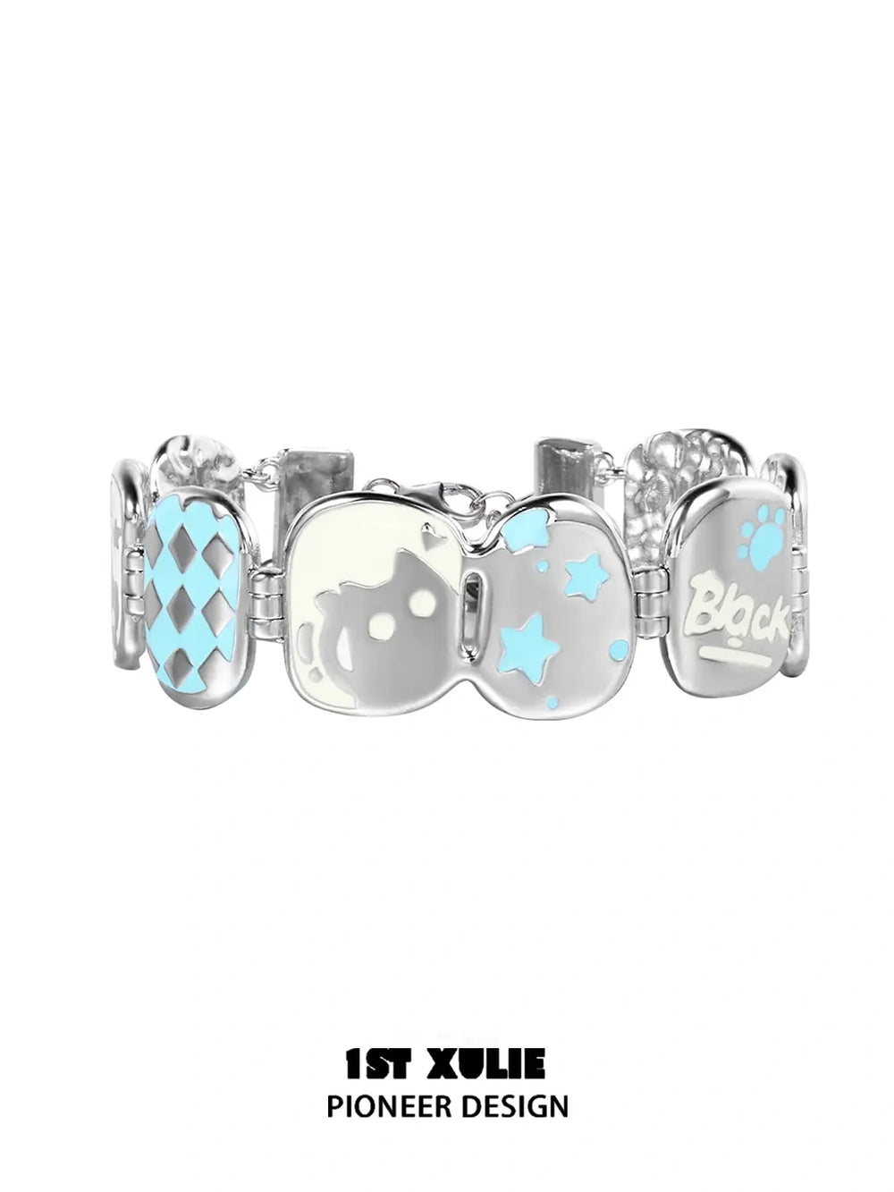 1ST XULIE "Ghosts Black Cat" Playful Black Cat Bangle in Platinum Plated - Texture Detail