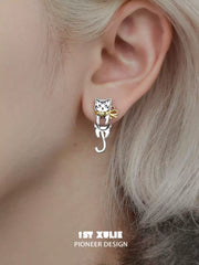 1ST XULIE "Graffiti Kitten" Playful Kitten Dangle Earrings in Platinum Plated Brass - Angled View