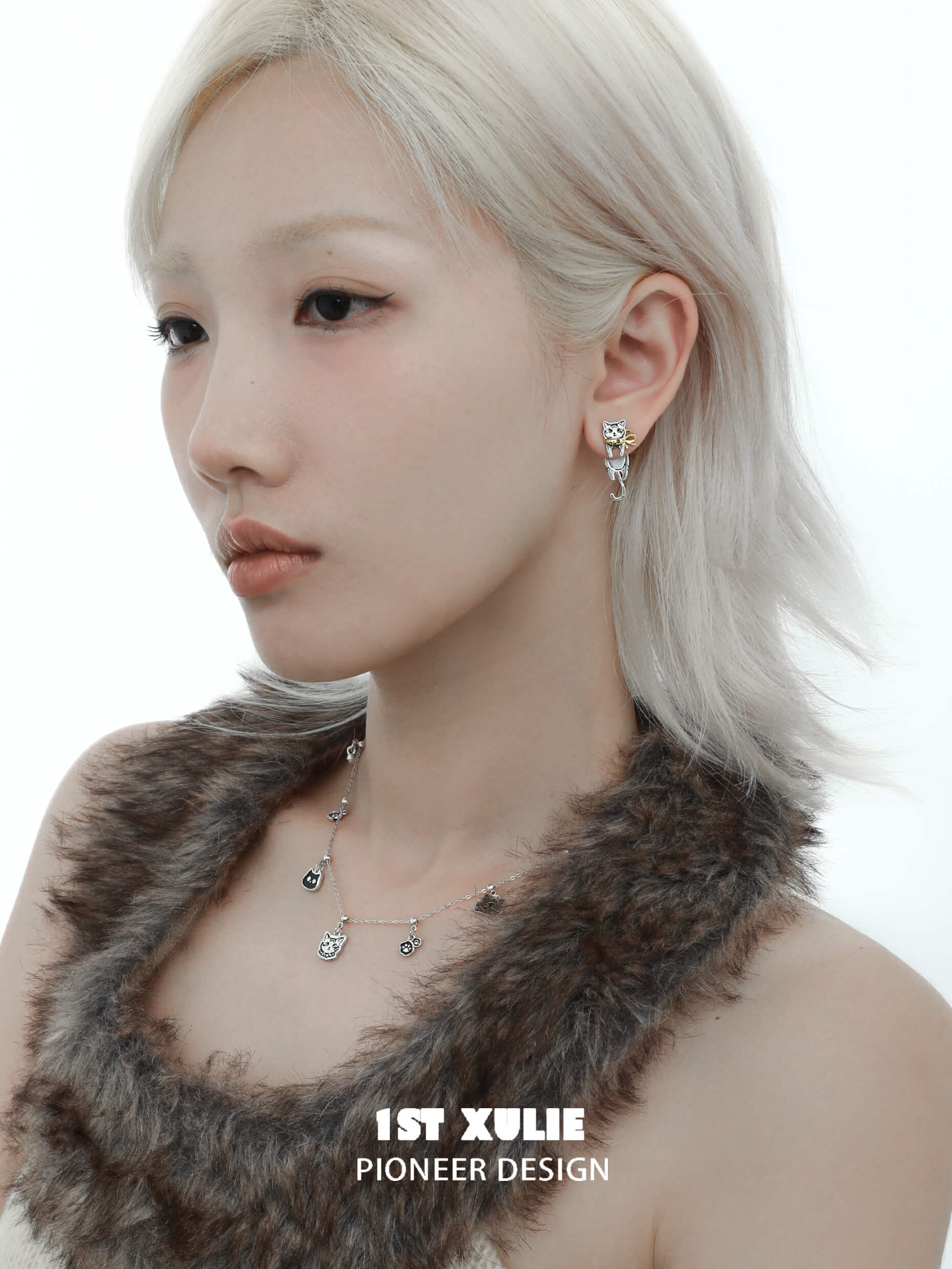 1ST XULIE "Graffiti Kitten" Playful Kitten Dangle Earrings in Platinum Plated Brass - Back View