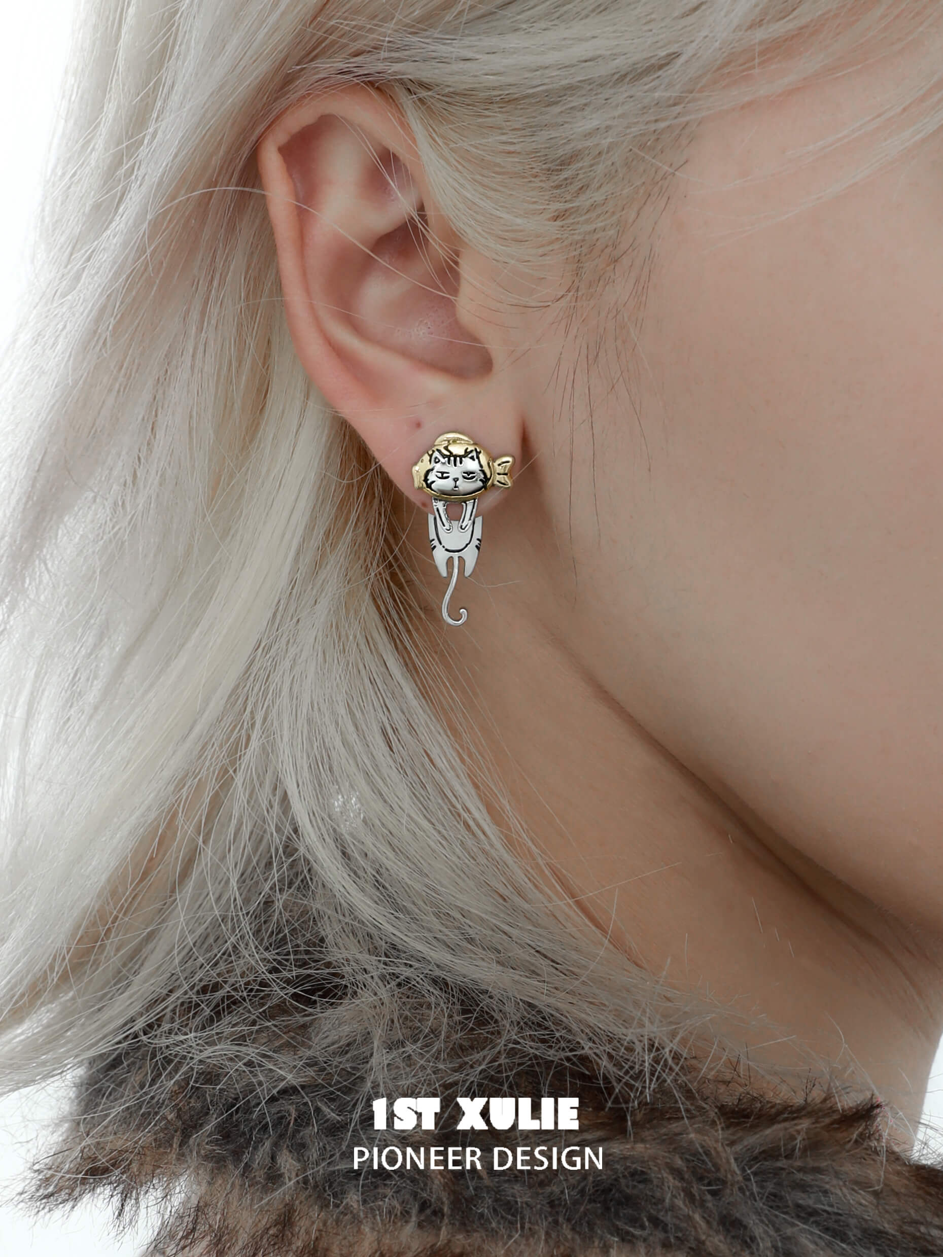 1ST XULIE "Graffiti Kitten" Playful Kitten Dangle Earrings in Platinum Plated Brass - Enamel Detail Shot