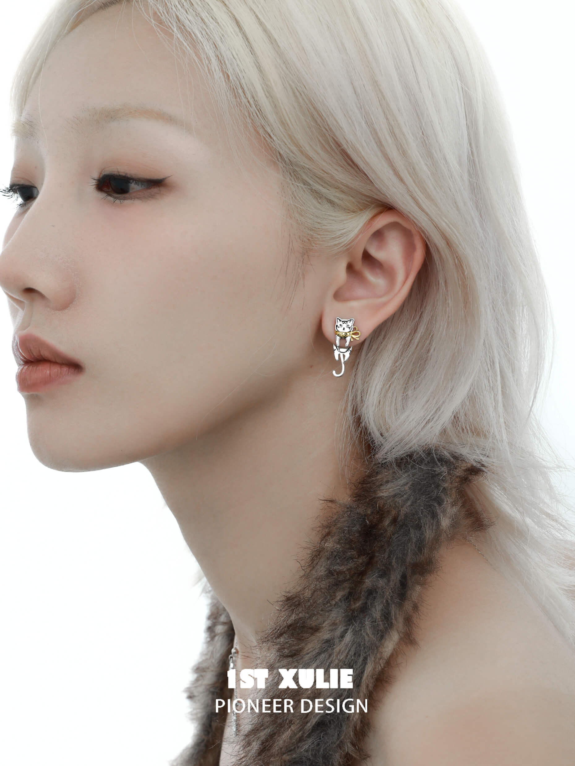 1ST XULIE "Graffiti Kitten" Playful Kitten Dangle Earrings in Platinum Plated Brass - Lifestyle Shot