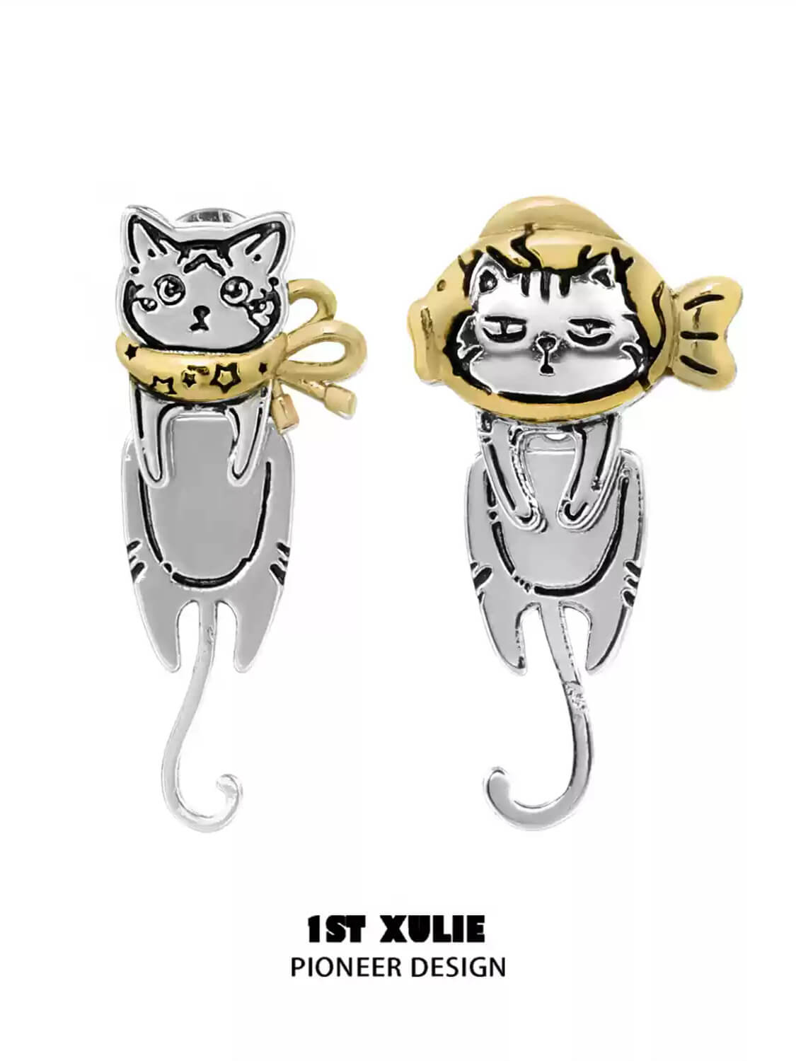 1ST XULIE "Graffiti Kitten" Playful Kitten Dangle Earrings in Platinum Plated Brass - Product View