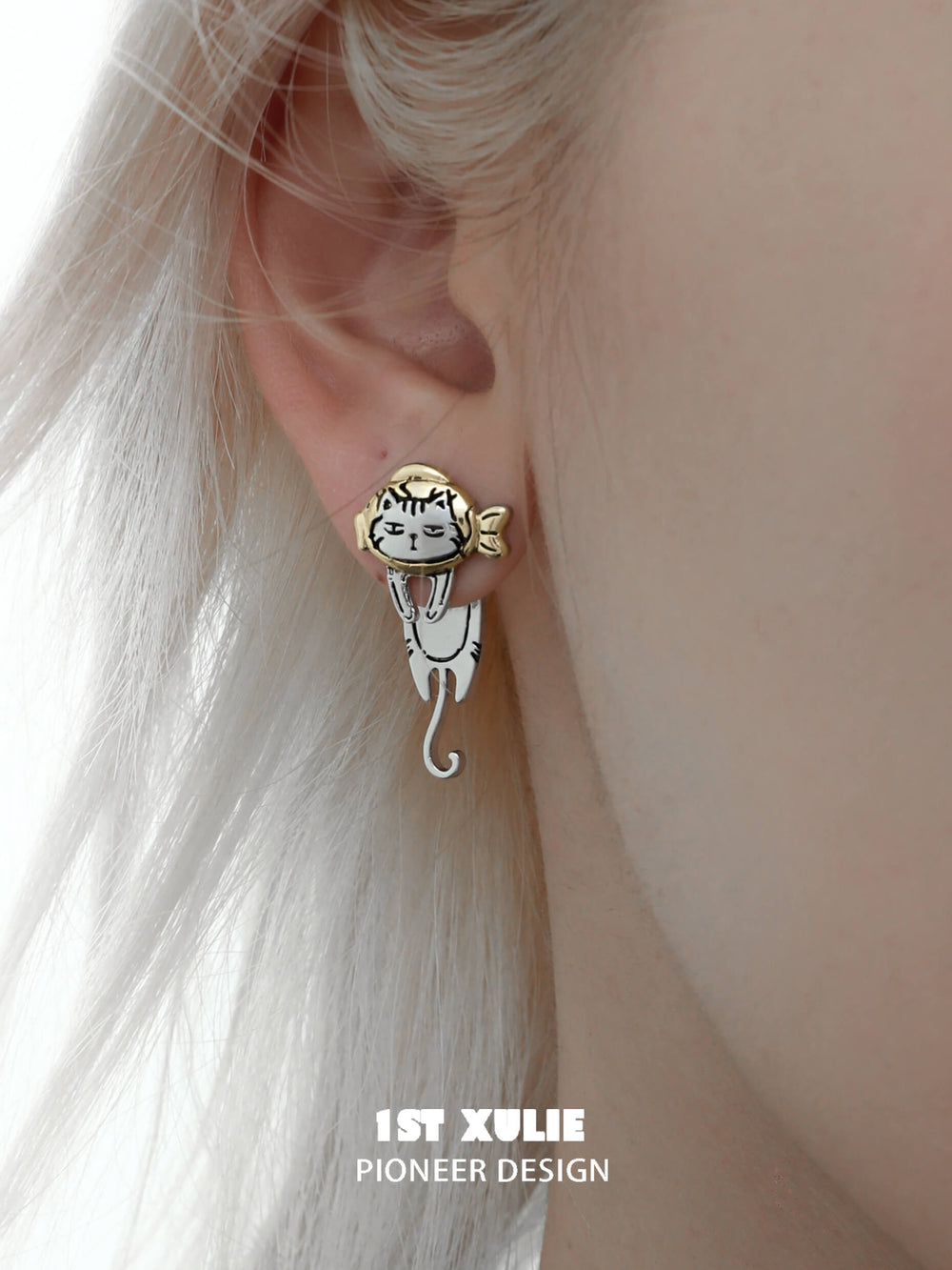 1ST XULIE "Graffiti Kitten" Playful Kitten Dangle Earrings in Platinum Plated Brass - On Model