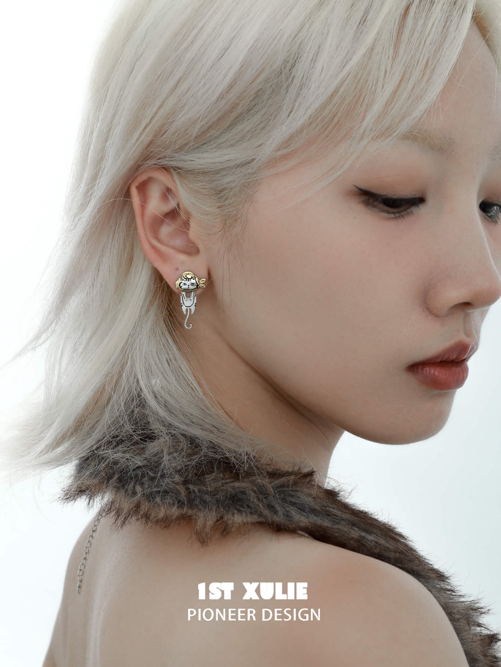 1ST XULIE "Graffiti Kitten" Playful Kitten Dangle Earrings in Platinum Plated Brass - On Model
