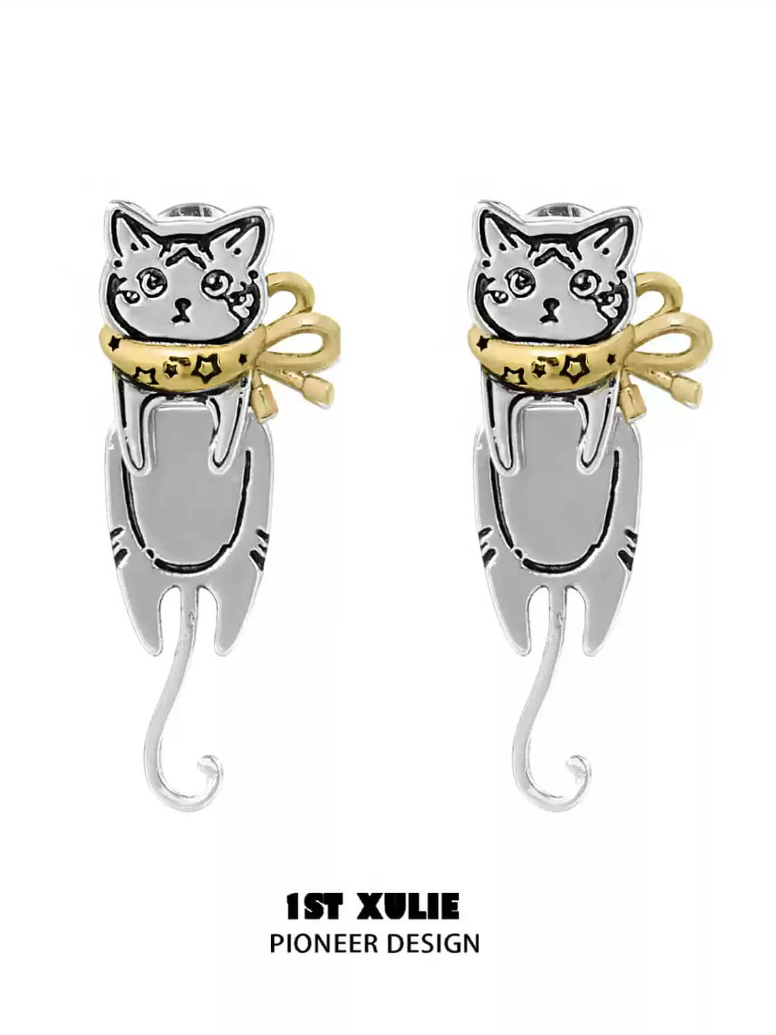 1ST XULIE "Graffiti Kitten" Playful Kitten Dangle Earrings in Platinum Plated Brass - Packaging View