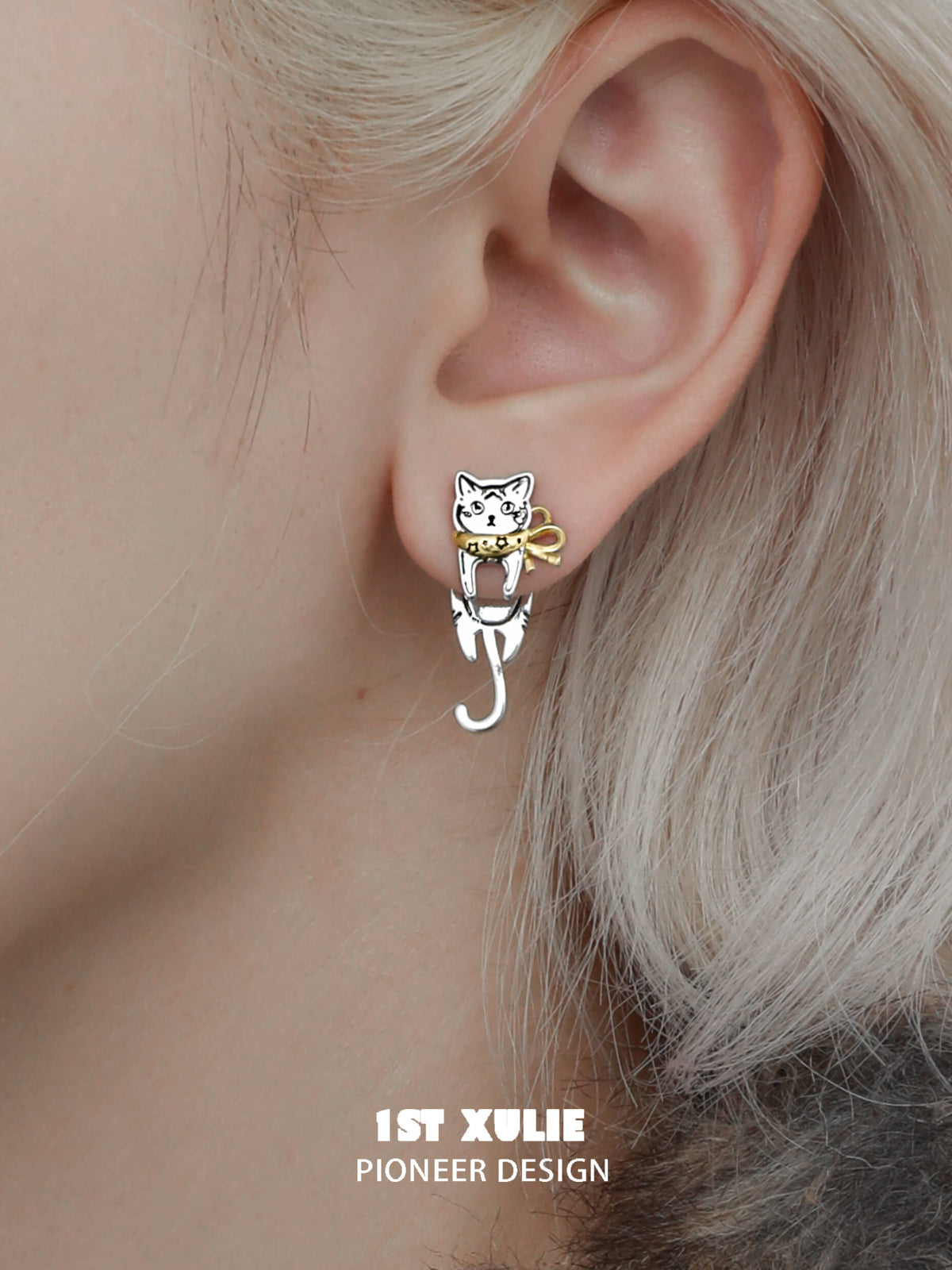 1ST XULIE "Graffiti Kitten" Playful Kitten Dangle Earrings in Platinum Plated Brass - Alternate Product View