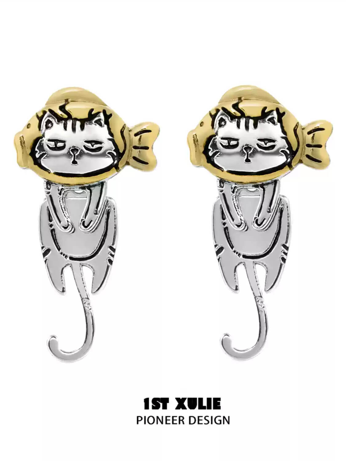 1ST XULIE "Graffiti Kitten" Playful Kitten Dangle Earrings in Platinum Plated Brass - Size Comparison