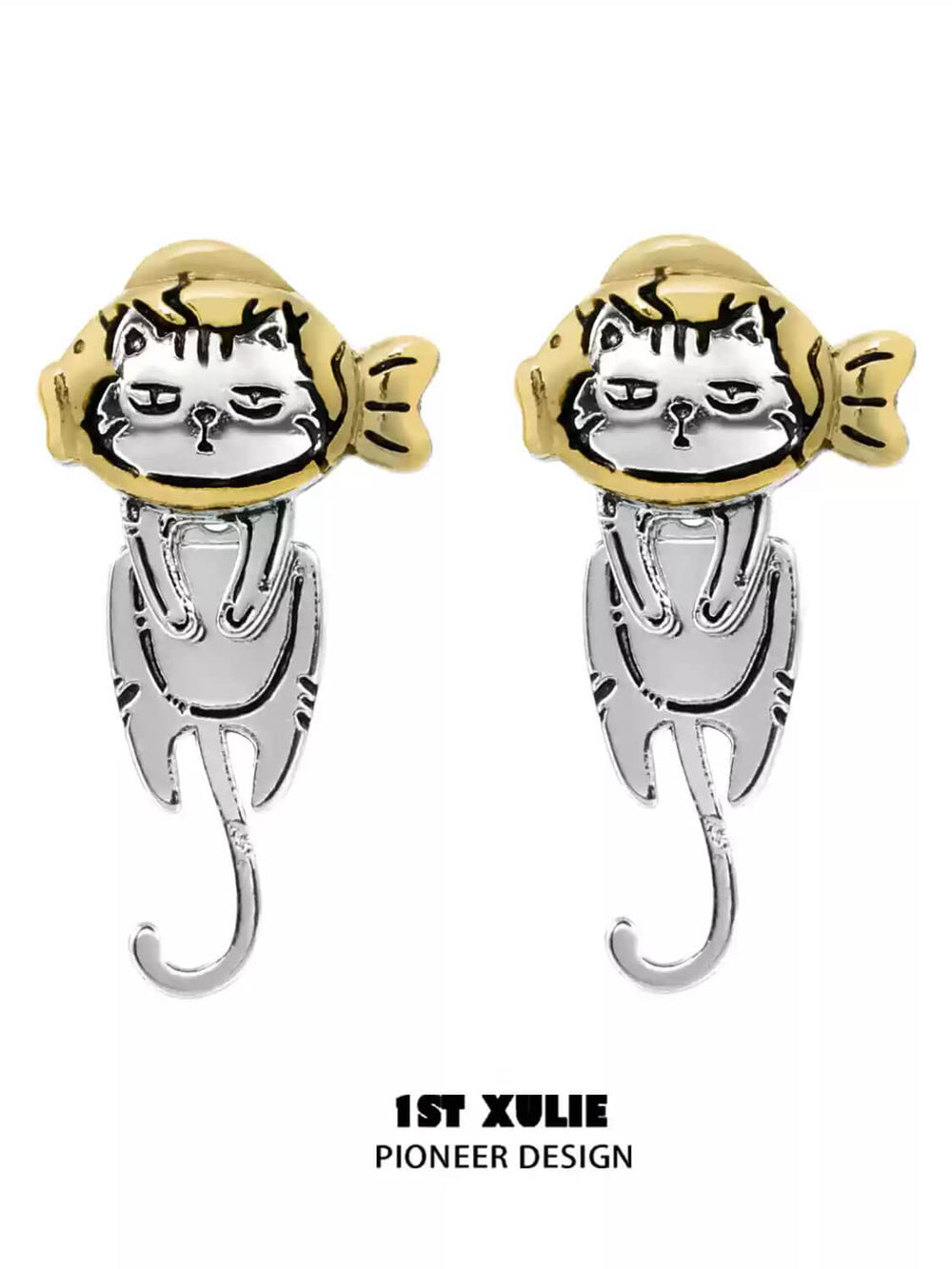 1ST XULIE "Graffiti Kitten" Playful Kitten Dangle Earrings in Platinum Plated Brass - Size Comparison