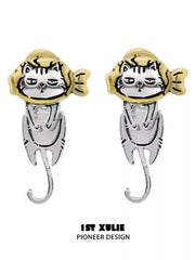 1ST XULIE "Graffiti Kitten" Playful Kitten Dangle Earrings in Platinum Plated Brass - Size Comparison